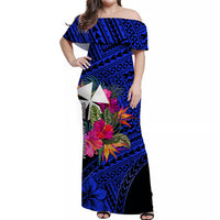 Wallis and Futuna Off Shoulder Long Dress Hibiscus Blue No.1 Color LT6 Women Blue - Polynesian Pride
