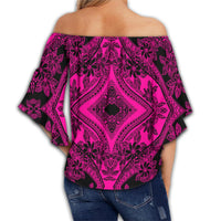 Polynesian Plumeria Mix Pink Black Hawaii Women's Off Shoulder Wrap Waist Top - Polynesian Pride