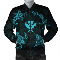 Polynesian Turtle Hammerhead Shark Ray Kanaka Hawaii Bomber Jacket Circle Blue - AH Black Unisex - Polynesian Pride