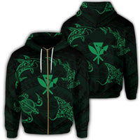 Polynesian Turtle Hammerhead Shark Ray Kanaka Hawaii Zip Hoodie Circle Green Unisex Art - Polynesian Pride