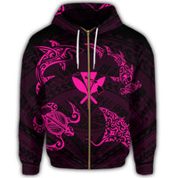 Polynesian Turtle Hammerhead Shark Ray Kanaka Hawaii Zip Hoodie Circle Pink - Polynesian Pride