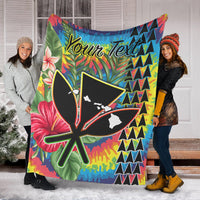 (Custom Personalised) Hawaii Rainbow Tie Dye Premium Blanket Flowers Polynesian Hawaiian Tribal LT13 - Polynesian Pride