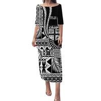Fiji Puletasi Dress Masi Tapa Patterns Black Style LT6 Women Black - Polynesian Pride