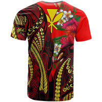 Hawaii T Shirt Red Gold Tribal Pattern and Hibiscus Plumeria - Polynesian Pride