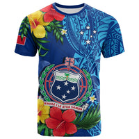 Custom Samoa T Shirt Coat of Arms Mix Tropical Flowers LT14 - Polynesian Pride