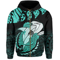 Hawaii Polynesian Aumakua Hammerhead Shark Hoodie Zip Cloud Style Turquoise - Polynesian Pride