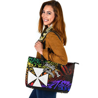 Wallis and Futuna Large Leather Tote Bag - Rainbow Polynesian Pattern - Polynesian Pride