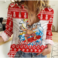 Custom Personalised Hawaii Christmas Women Casual Shirt Surfing Santa Mele Kalikimaka Polynesian LT14 Female Red - Polynesian Pride