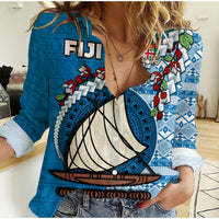 (Custom Personalised) Fiji Women Casual Shirt Fijian Drua Mix Tagimaucia Flower Blue Style LT14 Female Blue - Polynesian Pride