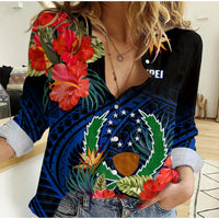 (Custom Personalised) Pohnpei State Women Casual Shirt FSM Hibiscus Flowers Mix Polynesian LT14 Female Blue - Polynesian Pride