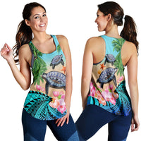 Polynesian Turtle Coconut Tree And Orchids Women Racerback Tank LT14 Blue - Polynesian Pride