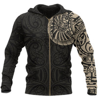 New Zealand Maori Zip Hoodie, Maori Warrior Tattoo Full Zip Hoodie Tan Zip Hoodie Black - Polynesian Pride