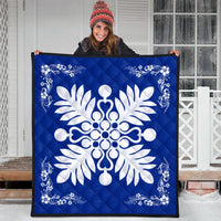 Hawaiian Quilt Maui Plant And Hibiscus Premium Quilt - White Blue - AH - Polynesian Pride