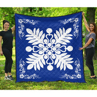Hawaiian Quilt Maui Plant And Hibiscus Premium Quilt - White Blue - AH White - Polynesian Pride