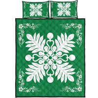 Hawaiian Quilt Maui Plant And Hibiscus Pattern Quilt Bed Set - White Green - AH White - Polynesian Pride