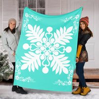 Hawaiian Quilt Maui Plant And Hibiscus Premium Blanket - White Turquoise - AH - Polynesian Pride