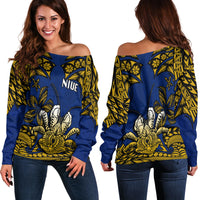 Niue Uga Off Shoulder Sweater Tribal Patterns Blue Style LT6 - Polynesian Pride