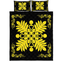 Hawaiian Quilt Maui Plant And Hibiscus Pattern Quilt Bed Set - Yellow Black - AH Yellow - Polynesian Pride
