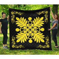 Hawaiian Quilt Maui Plant And Hibiscus Premium Quilt - Yellow Black - AH Yellow - Polynesian Pride