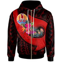 Tahiti Zip up Hoodie Polynesian Hook and Hibiscus (Red) Unisex Red - Polynesian Pride