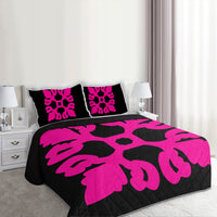 Hawaiian Royal Pattern Quilt Bed Set - Black And Pink - M1 Style - AH - Polynesian Pride