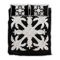 Hawaiian Royal Pattern Quilt Bed Set - Black And White - H1 Style - AH White - Polynesian Pride