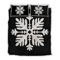 Hawaiian Royal Pattern Quilt Bed Set - Black And White - H2 Style - AH White - Polynesian Pride