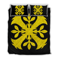 Hawaiian Royal Pattern Quilt Bed Set - Black And Yellow - F3 Style - AH Yellow - Polynesian Pride