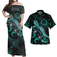 Cook Islands Matching Dress and Hawaiian Shirt Polynesian Turtle with Blooming Hibiscus Turquoise Turquoise - Polynesian Pride