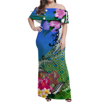 (Custom Personalised) South Sea Islanders Kanakas Hibiscus Polynesia Off Shoulder Long Dress - LT2 Women BLUE - Polynesian Pride