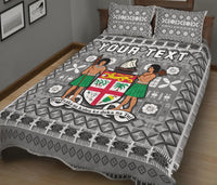(Custom Personalised) Fiji Quilt Bed Set Pattern - Fijian Tapa Pattern Grey LT13 Grey - Polynesian Pride