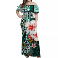 Hawaii Fish Hook Off Shoulder Long Dress Green Style LT6 Women Green - Polynesian Pride