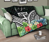 Fiji Premium Quilt - Fiji Coat of Arms & Polynesian Tropical Flowers White - Polynesian Pride