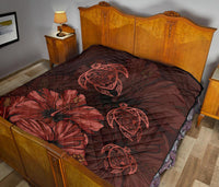 Hawaiian Map Hibiscus Turtle Vintage Polynesian Premium Quilt Red - Polynesian Pride