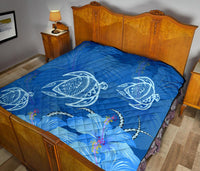 Hawaii Blue Hibiscus Turtle Polynesian Premium Quilt - Polynesian Pride