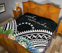 Cook Islands Premium Quilt - Cook Islands Coat of Arms & Polynesian Tropical Flowers White - Polynesian Pride