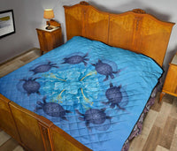 Hawaii Turtle Hibiscus Blue Premium Quilt - Polynesian Pride