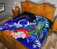 Vanuatu Premium Quilt - Humpback Whale with Tropical Flowers (Blue) - Polynesian Pride