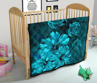 Hawaiian Map Hibiscus Turtle Vintage Polynesian Premium Quilt Turquoise - Polynesian Pride