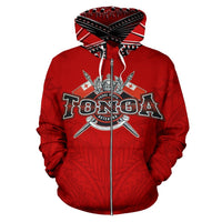 Tonga Zip up Hoodie Tonga Flag COat of Arms Tribal Roots Red - Polynesian Pride
