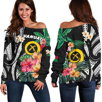 Vanuatu Women'S Off Shoulder Sweater Coat Of Arms Polynesian With Hibiscus-2 Black - Polynesian Pride