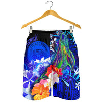Polynesian Hawaii Men's Shorts - Humpback Whale with Tropical Flowers (Blue) - Polynesian Pride