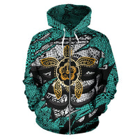 Hibiscus Polynesian Turquoise Hawaii Turtle Hoodie (Zip) - Polynesian Pride