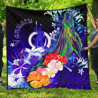 Vanuatu Premium Quilt - Humpback Whale with Tropical Flowers (Blue) Blue - Polynesian Pride