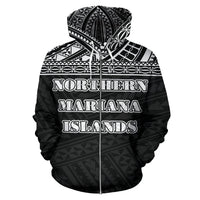Northern Mariana Islands All Over Zip up Hoodie Polynesian Black Version - Polynesian Pride
