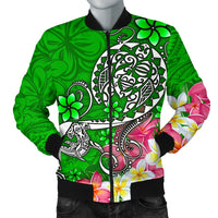 Polynesian Men's Bomber Jacket - Turtle Plumeria Green Color Green - Polynesian Pride