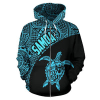 Samoa Zip up Hoodie Samoa Turtle Mermaid Polynesian Tattoo Blue - Polynesian Pride