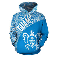 Guam Hoodie Guam Coat of Arm In Turtle Polynesian Tattoo Blue White - Polynesian Pride