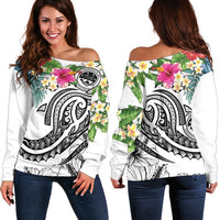 FSM Polynesian Women's Off Shoulder Sweater - Summer Plumeria (White) White - Polynesian Pride