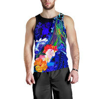 Tonga Men's Tank Top - Humpback Whale with Tropical Flowers (Blue) - Polynesian Pride